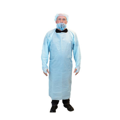 Le CPE en plastique bleu de patient de tabliers chirurgicaux à usage unique habille avec de longues douilles